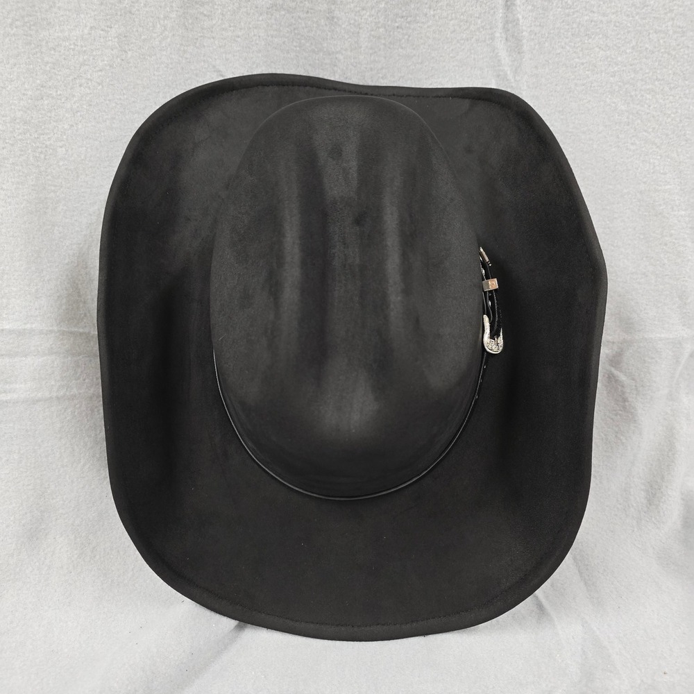 Black Faux Suede Cowboy Hat with Silver‎ Buckle Band and Braided Bolo Tie Set